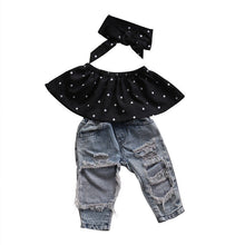 Load image into Gallery viewer, Polka Dot Crop Top with Denim Ripped Jeans