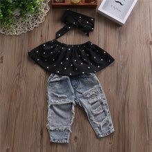 Load image into Gallery viewer, Polka Dot Crop Top with Denim Ripped Jeans