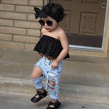 Load image into Gallery viewer, Polka Dot Crop Top with Denim Ripped Jeans